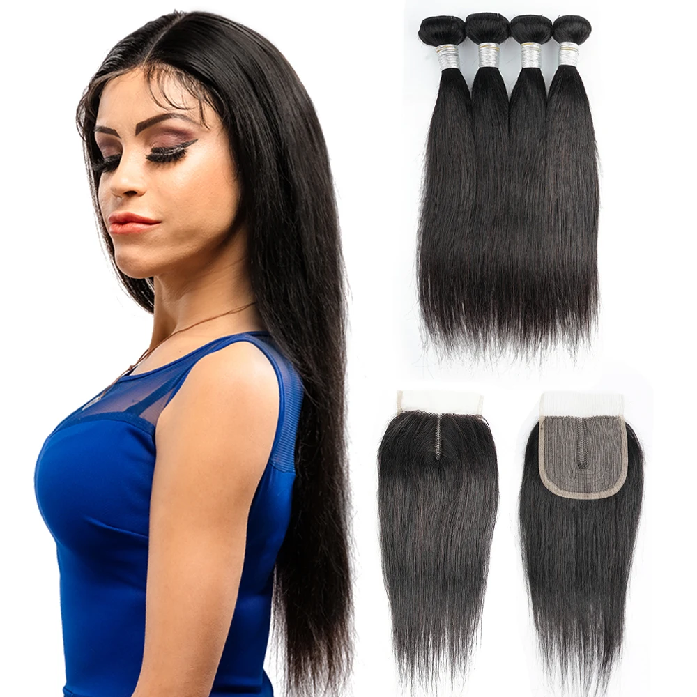 4 Bundles With 4*1 Lace Closure 260g/lot For One Head Brazilian Human Hair Extension Middle Part T Lace Closures With Baby Hair