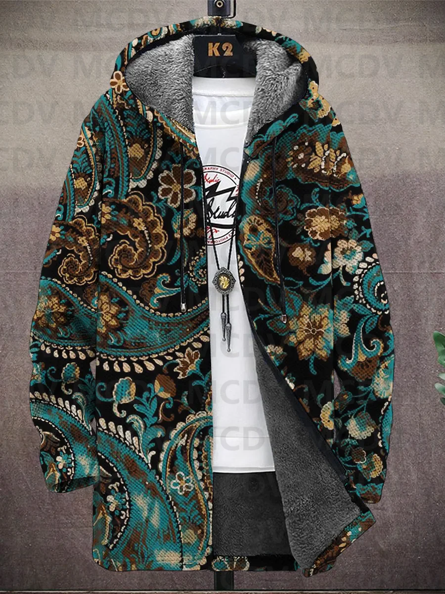 

Men's Vintage Paisley Print Hooded Two-Pocket Fleece Jacket