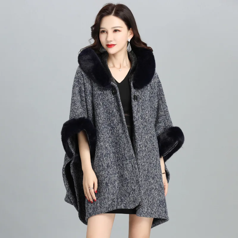 Imitation Fur Collar Winter Women's Hooded Cardigan Shawl Coat Poncho Fashionable Upscale Capes Gray Cloaks