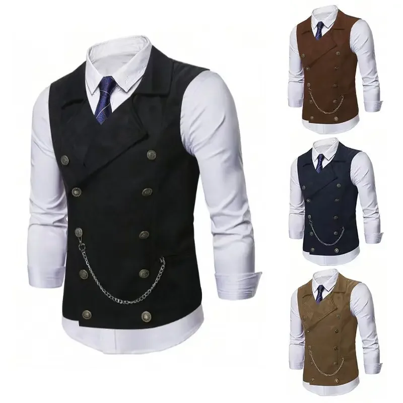 Men Vests Blazer Solid Double Breasted Vest Blazers Sleeveless V Neck Cardigan Spliced Slim Fit Buttons Pockets High Street