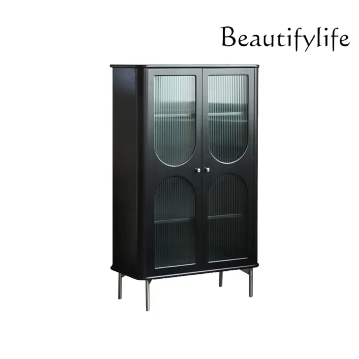

Nordic Living Room Wall Dining Side Display Storage Side Cabinet Black Modern Solid Wood Glass Door