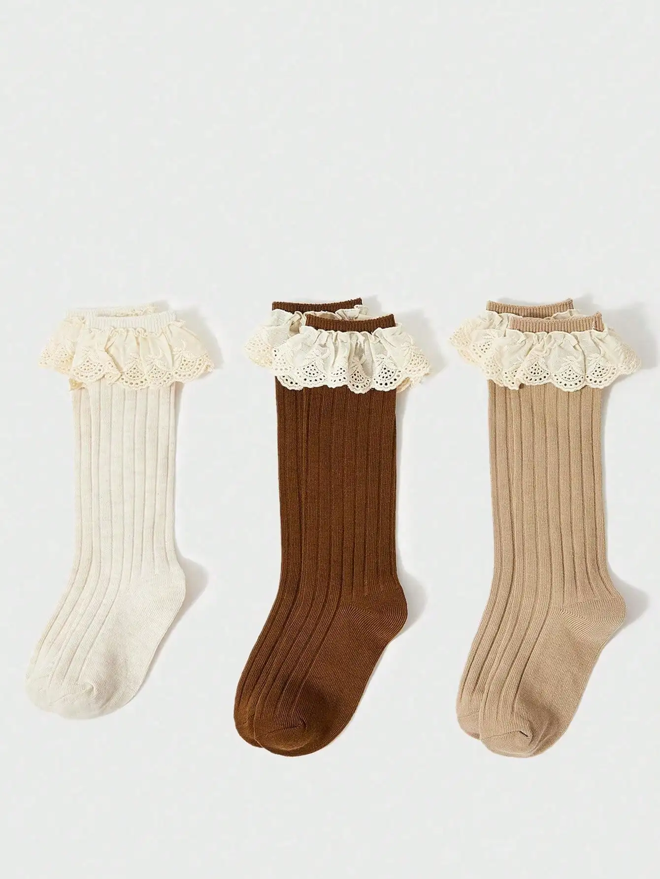 3 pairs of children‘s simple lace solid color high socks, girls are sweet and cute and suitable for daily life