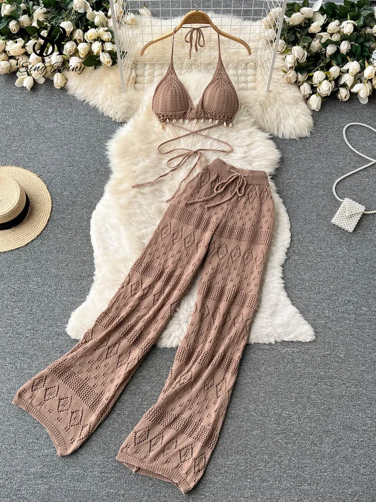 Women Summer Knitted Set Halter Short Tops+ Hollow Wide Leg Long Pants Sets Shell Beach Sexy Backless Two Piece Suits