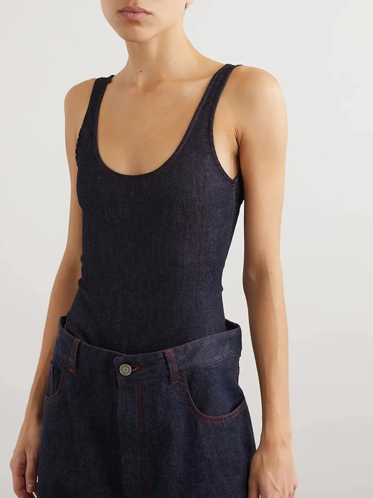 

Sexy Backless U Neck Bodysuit y2k Sexy Hundred Slim Blue Denim Sling Women's Bodysuit Top 2024 Summer New