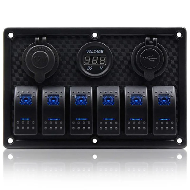 12/24V 6 Buttons Switch Panel with Digital Voltmeter Tester 3.0 USB Chargers Bule Light Boat Power Adapter