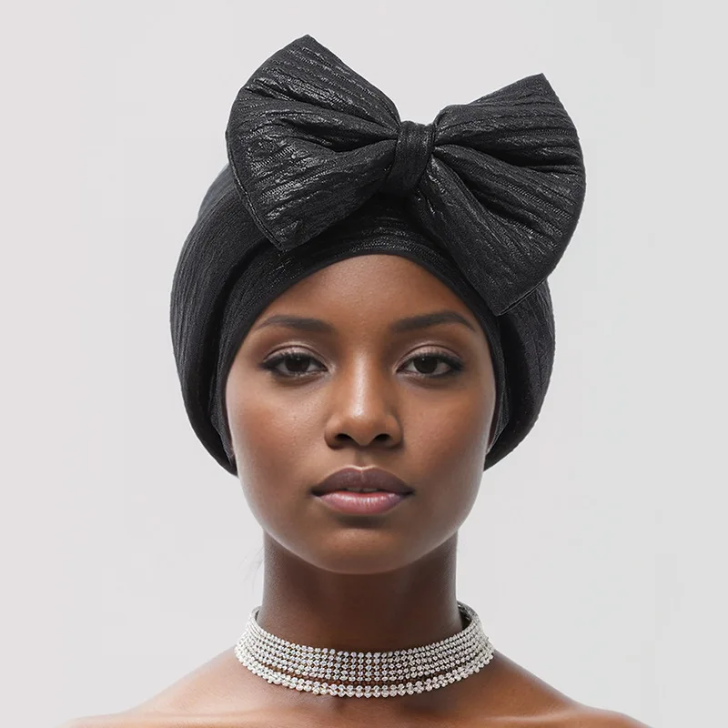 New African Nigeria Glitter Bowknot Turbante Already Made Auto Gele Women Headgear Head Wraps for Wedding Party Headtie Headwear