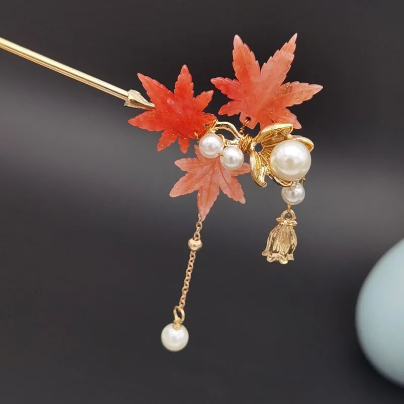 Maple Leaf Hairpin Chinese Hair Stick Pearl Tassel Hair Bun Jewelry Vintage Girls Hanfu Cosplay Hair Clasp Chopstick Retro Tiara