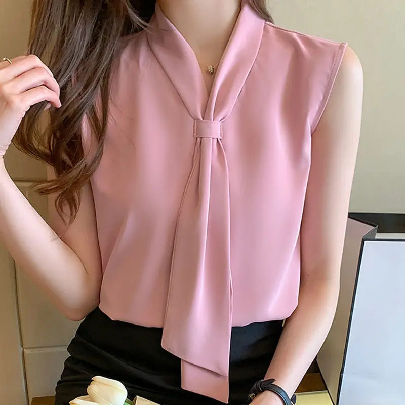 Spring Summer New Solid Color Sleeveless Chiffon Shirt Bow V-neck Tie Collar Elegant Shirt Korean OL Style Blouse for Female