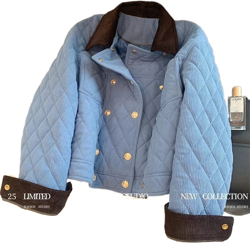 

Blue Corduroy Stitching Rhombic Cotton-Padded Jackets Coat Women's Winter Thick Warm Fashion Double-Breasted Down Cotton Jacket