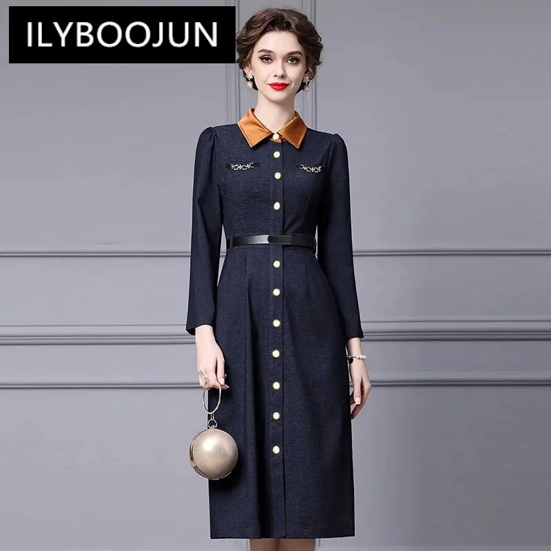 ILYBOOJUN Fashion Women's 2024 Spring Elegant Office Lady Polo Collar High-Waisted Lace-Up Single-Breasted Pocket Denim Dress