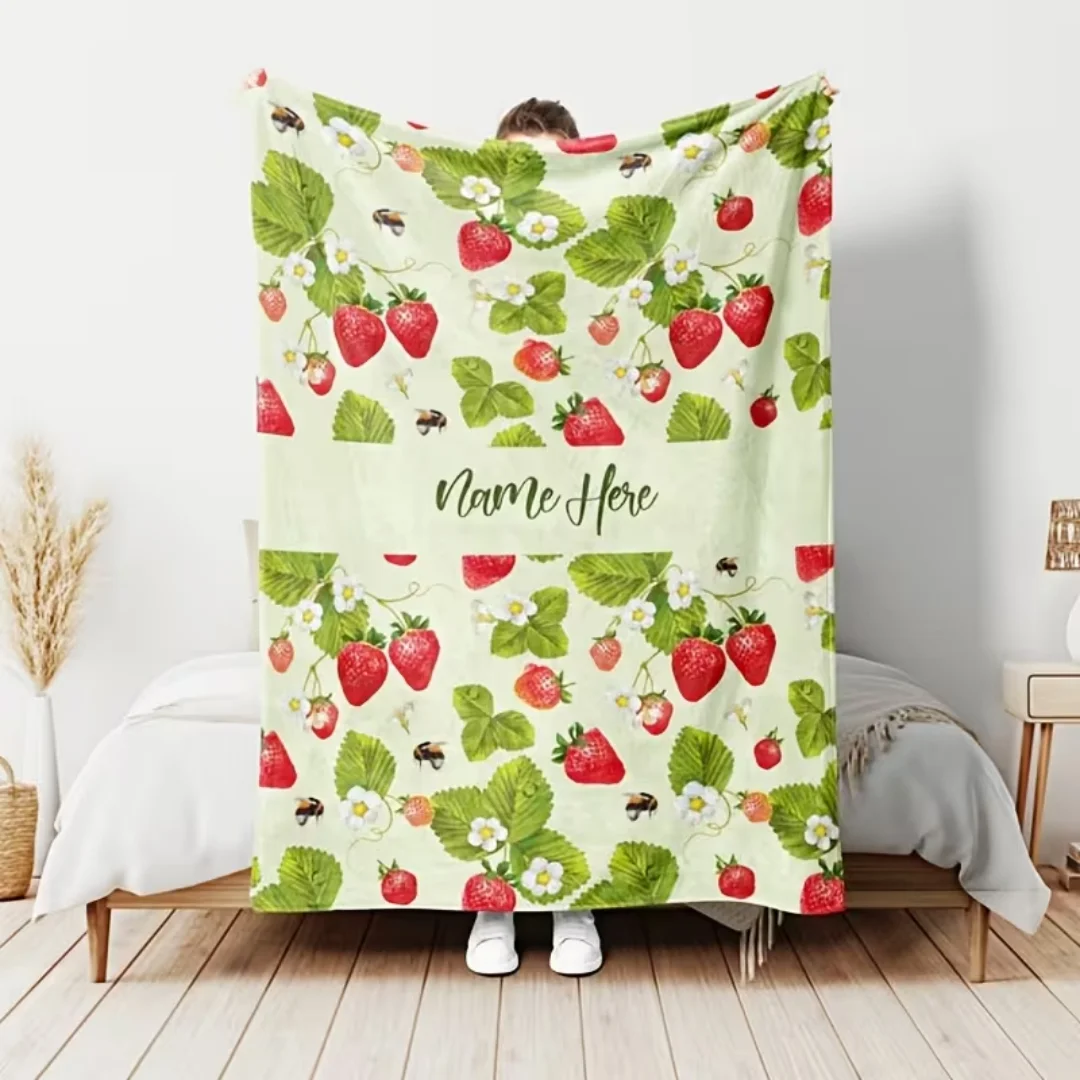 Personalized Custom Strawberry Flannel Blanket, Soft Warm Digital Printed Throw Blanket, Machine Washable Multi‑Purpose Blanket