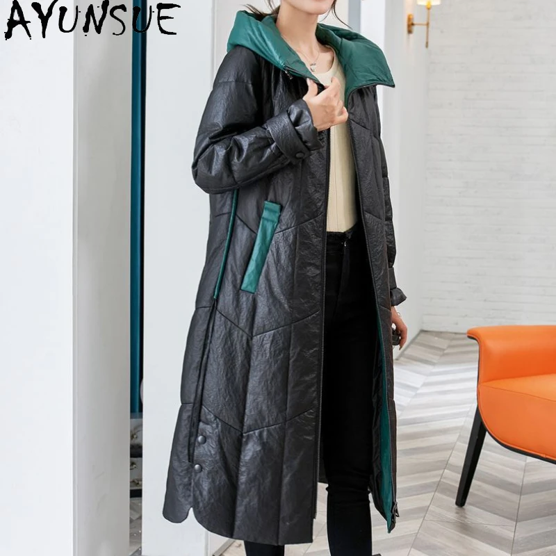 AYUNSUE Genuine Sheepskin Leather Down Jackets for Women Hooded Winter Mid-length White Duck Down Coat Chaquetas Para Mujeres