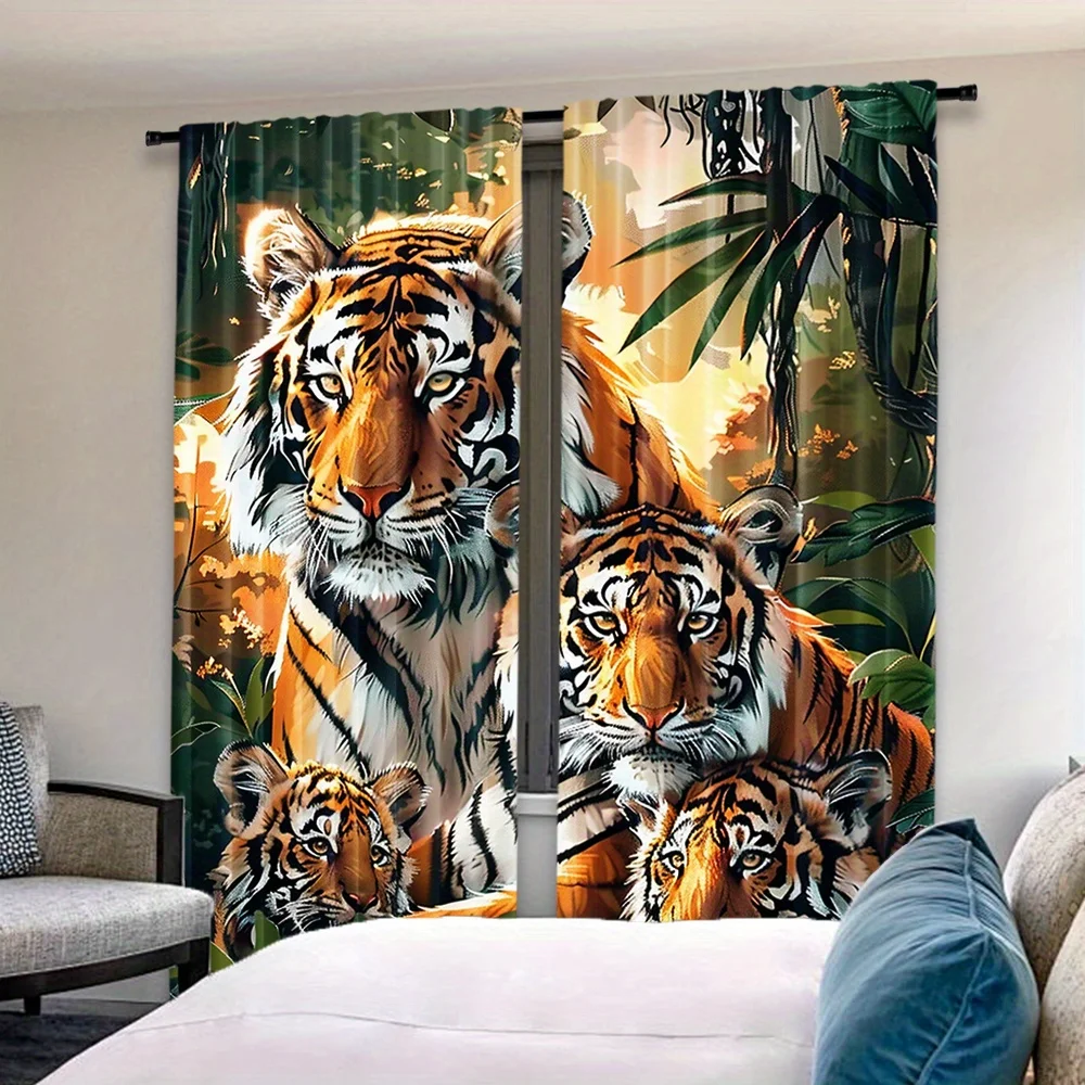 3D Tiger Curtains for Living Room, Wild Animal Print Jungle Safari Blackout Drapes, Realistic Forest Nature Window Decor
