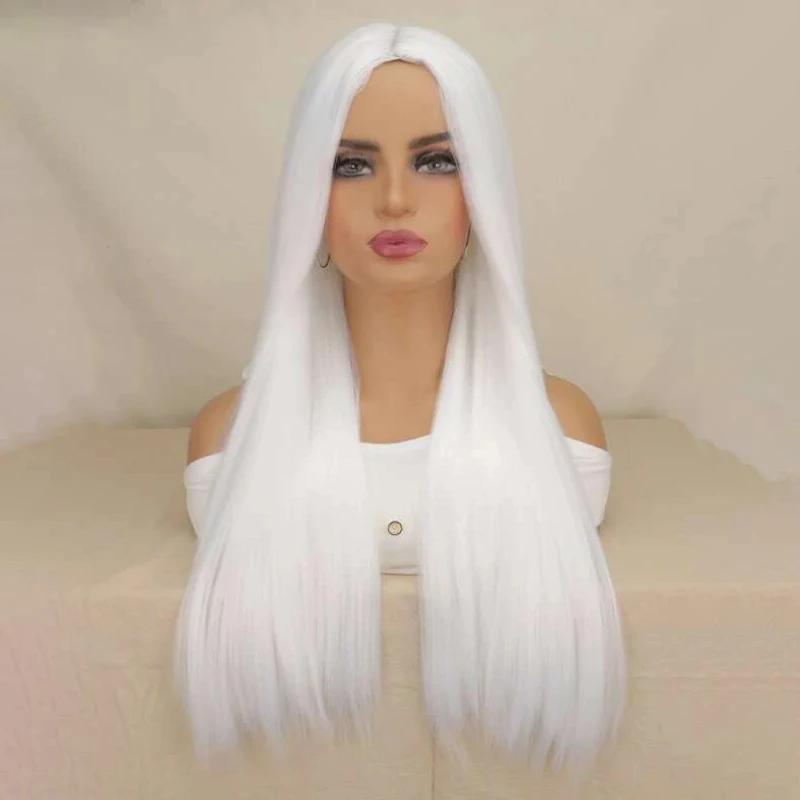 

QQXCAIW Long Straight White Cosplay Wigs Synthetic Wigs for Women Heat Resistant Fiber Hair for Daily Party Lolita