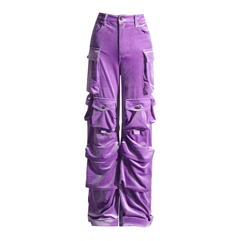 Purple Velvet Women Pant Female Business Work Wear 1 Piece Loose Style Wide Leg Trouser Casual Spring Wear