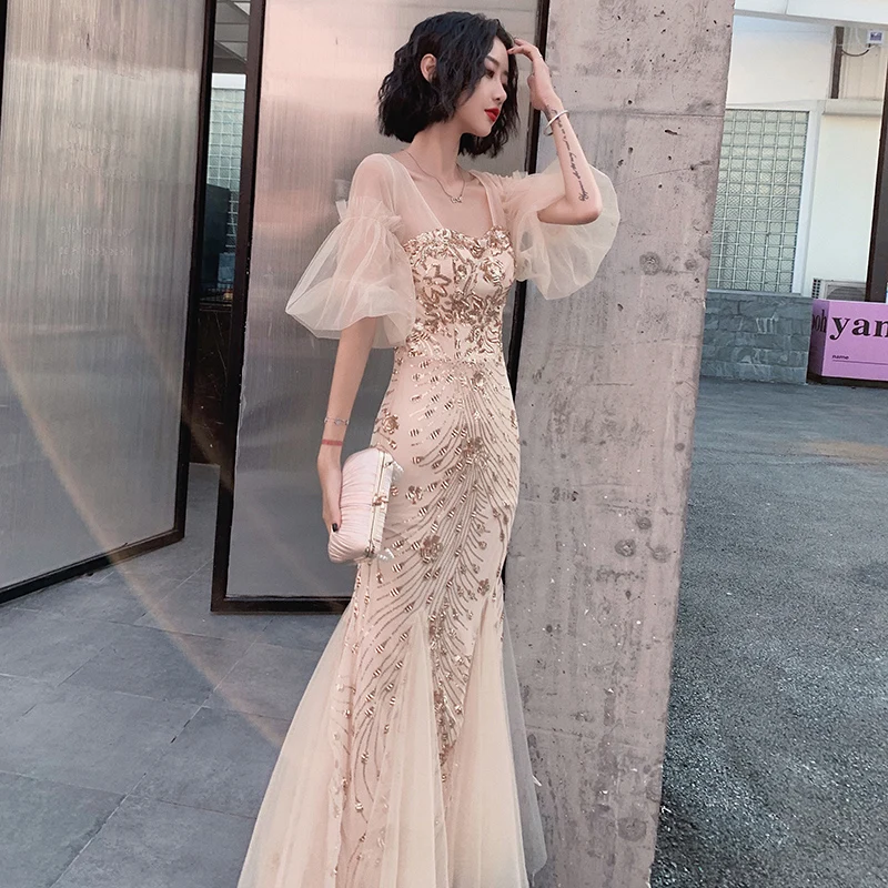 

Champagne Color Evening Gown Women's High-End Sensation Ball Ele Fairy T Year End Meeting Host Fi Tail Skirt