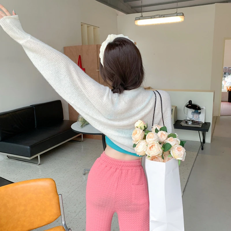 2024 New Women's Open Front Bolero Shrug Fashion Ladies Long Sleeve Solid Color Sun Protection Knit Cropped Cardigan Tops