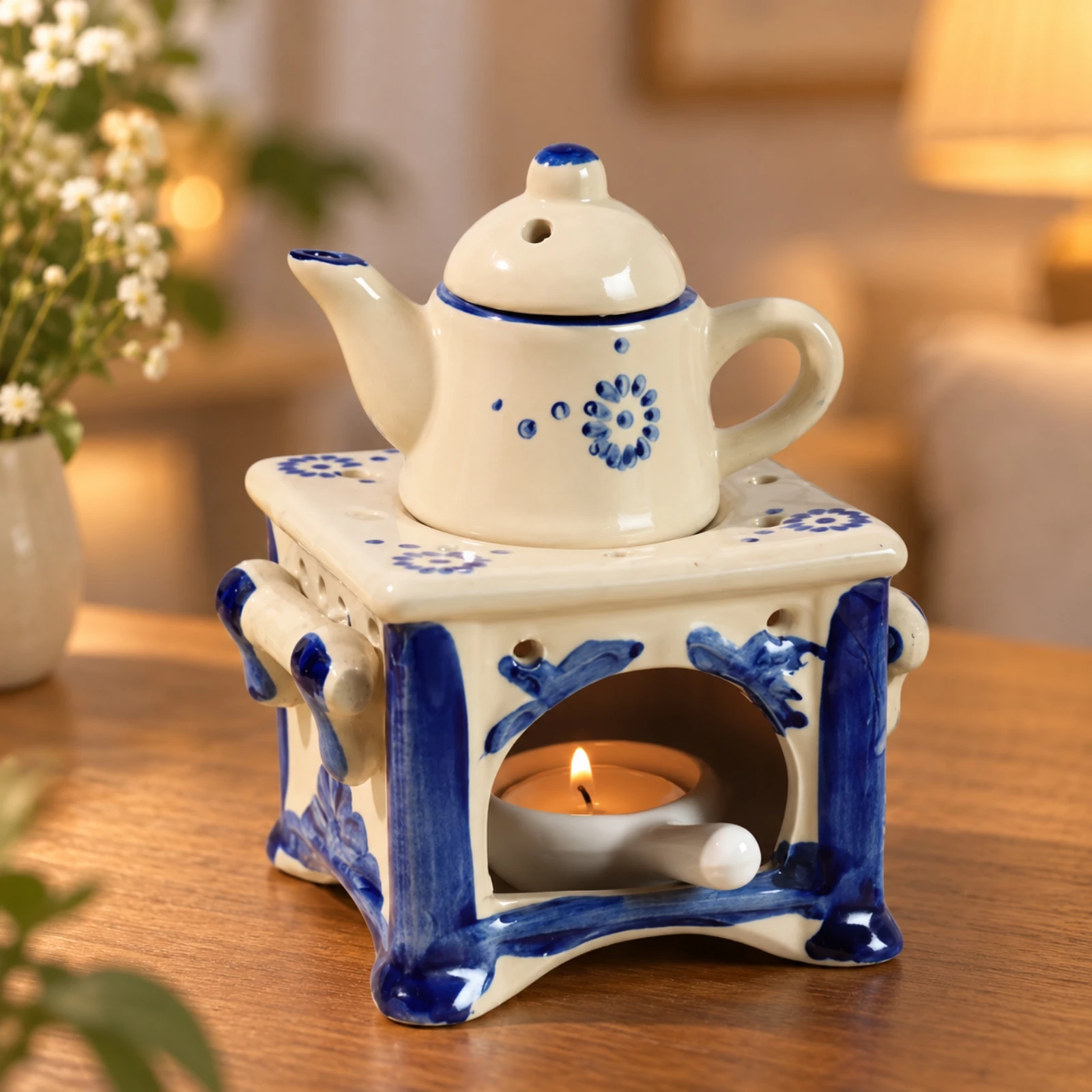 Square Ceramic Tea Warmer with Ventilated Platform and Floral Blue Hand Painted Decorative Details