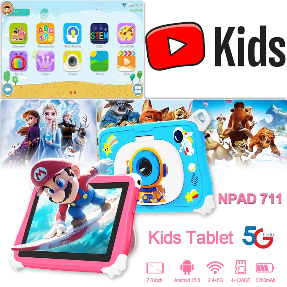 

Hot Global Version Tablet NPad 711 Pro Android 15 7 Inch Kid Tablet 4K HD 4GB RAM 128GB ROM 5G WiFi 3200 MAH Dual Camera SIM GPS