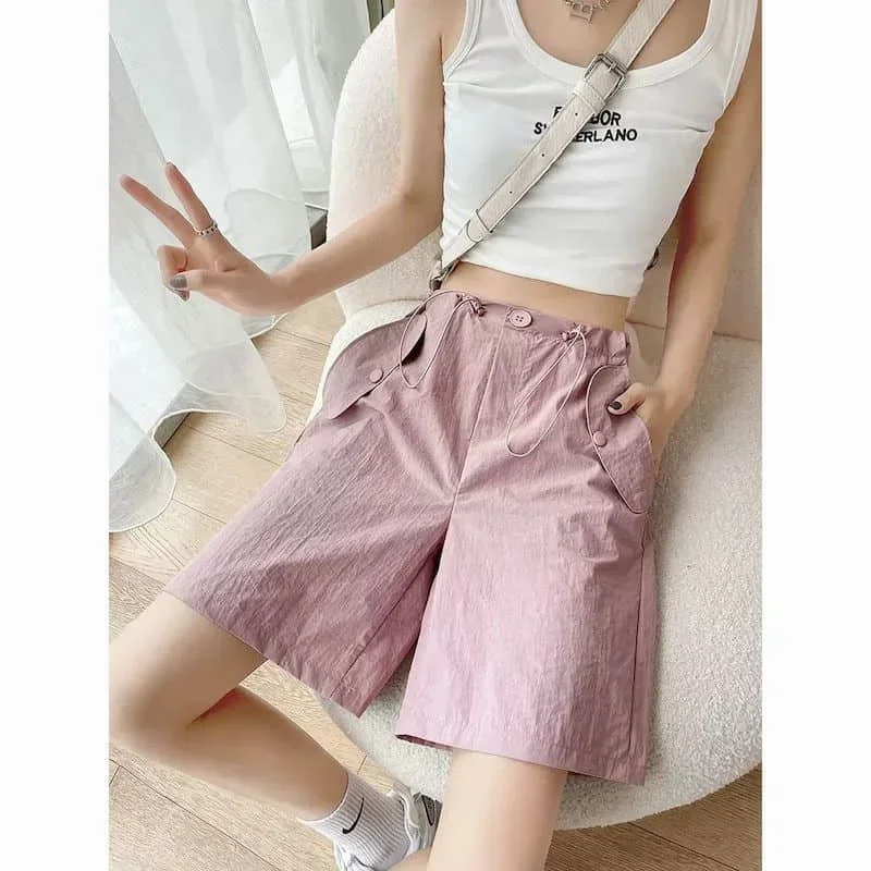 Pantaloncini solidi pop per donna Pantaloni sportivi casual in vita elastica Harajuku Pantaloni larghi a cinque punti alla moda coreana ad asciugatura rapida