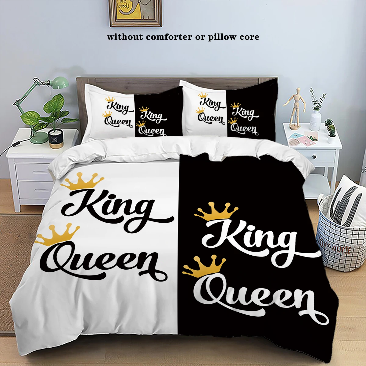 3-piece down set with black and white crown print pattern (1 down duvet cover+2 pillowcases, no core) couple bedding set