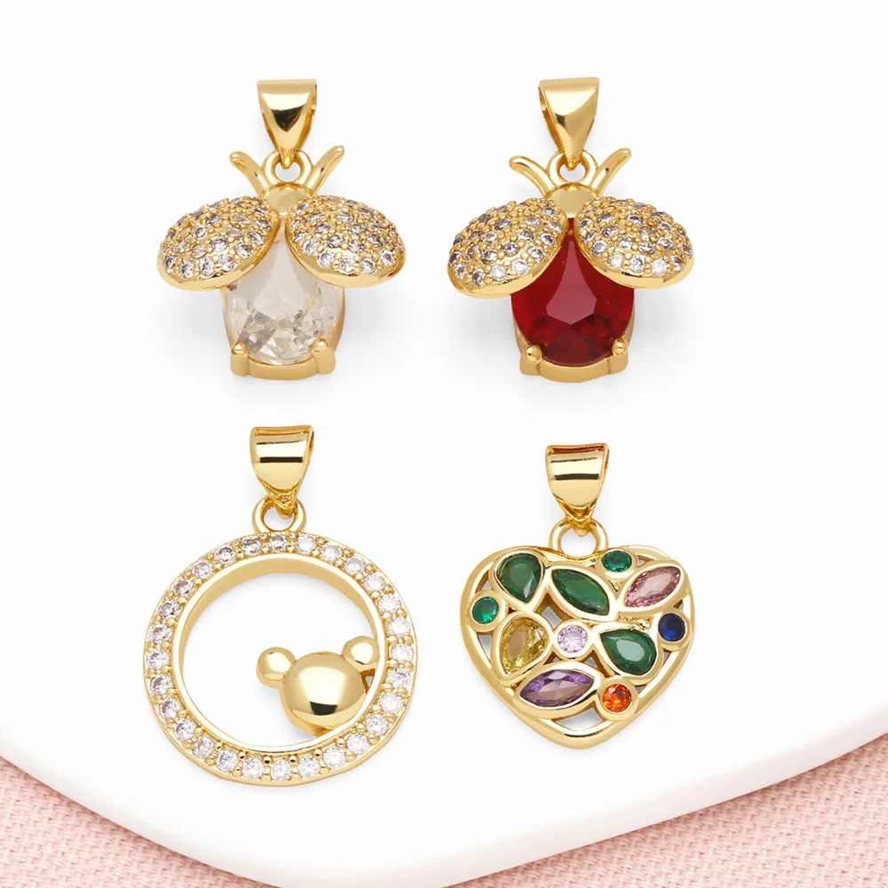 OCESRIO Trendy Colorful Crystal Heart Pendant for Necklaces Copper Gold Plated Bee Round Jewelry Making Component pdtb726