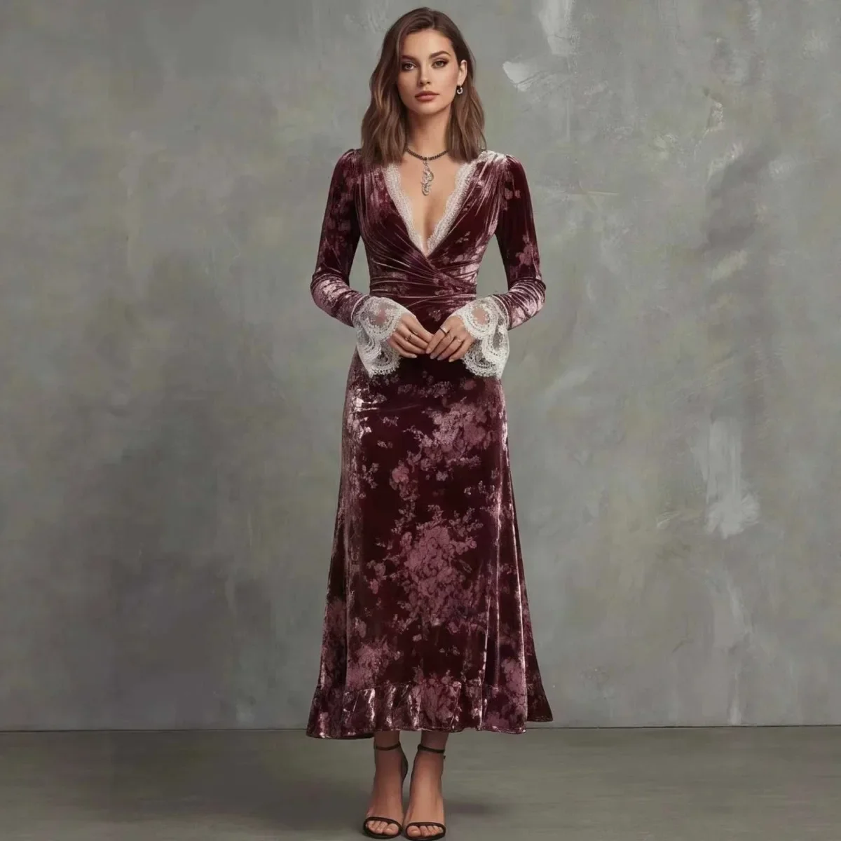 Women Velvet Print V Neck Lace Trumpet Dress Flare Sleeve Slim Fit Elegant Soft Breathable Flattering Comfy Party Banquet