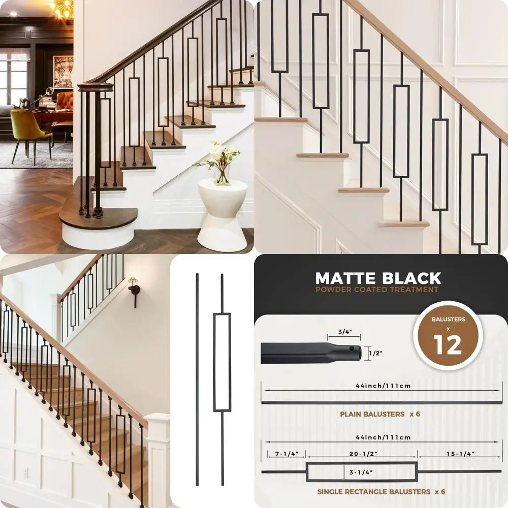 

1000 Wrought Iron Deck Balusters, 44, 1/2 Square Plain Bar with Hollow Satin Black Metal Balusters