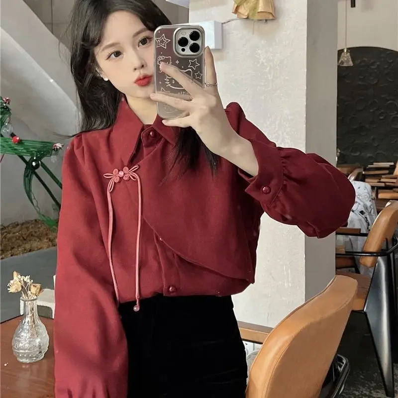 Chinese Style Frog Long Sleeve Shirts Women Autumn Winter Fleece Polo-Neck Solid Color Tops Elegant All-match Bottoming Shirt