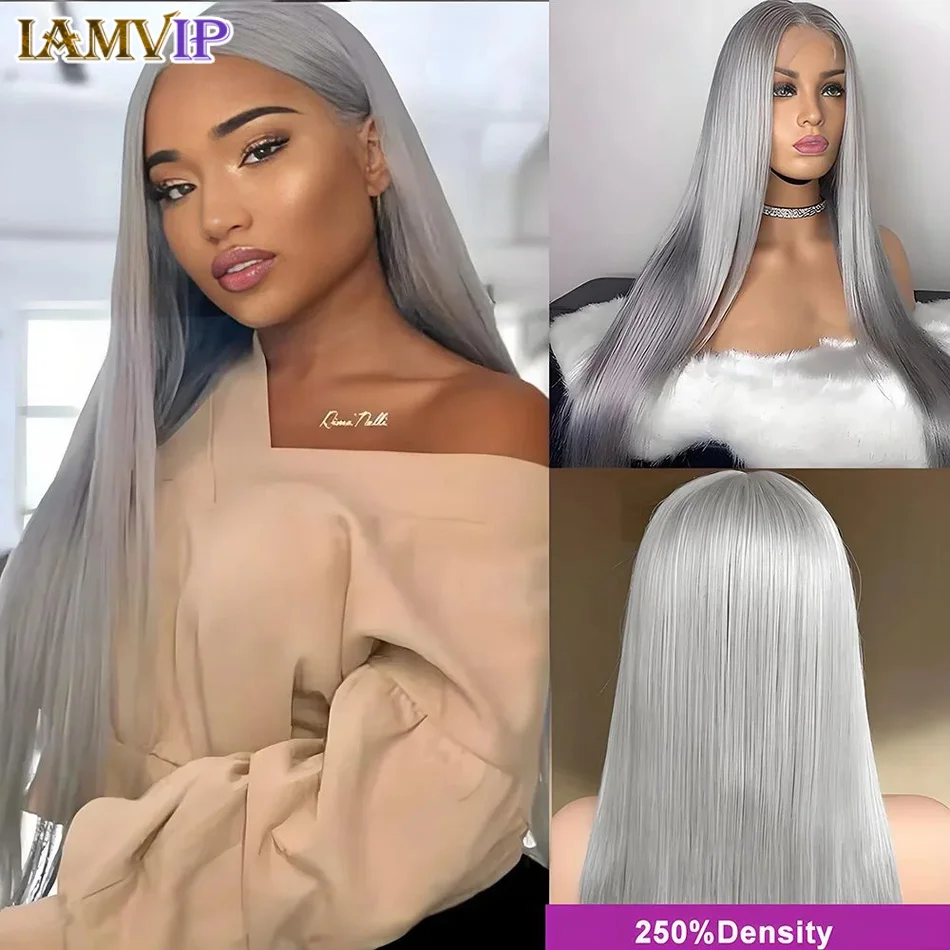 

250% 36inch Brazilian HD 13x6 Straight Lace Front Human Hair Wigs Silver Grey Pre Plucked 13x4 Transparen Frontal Wigs For Women