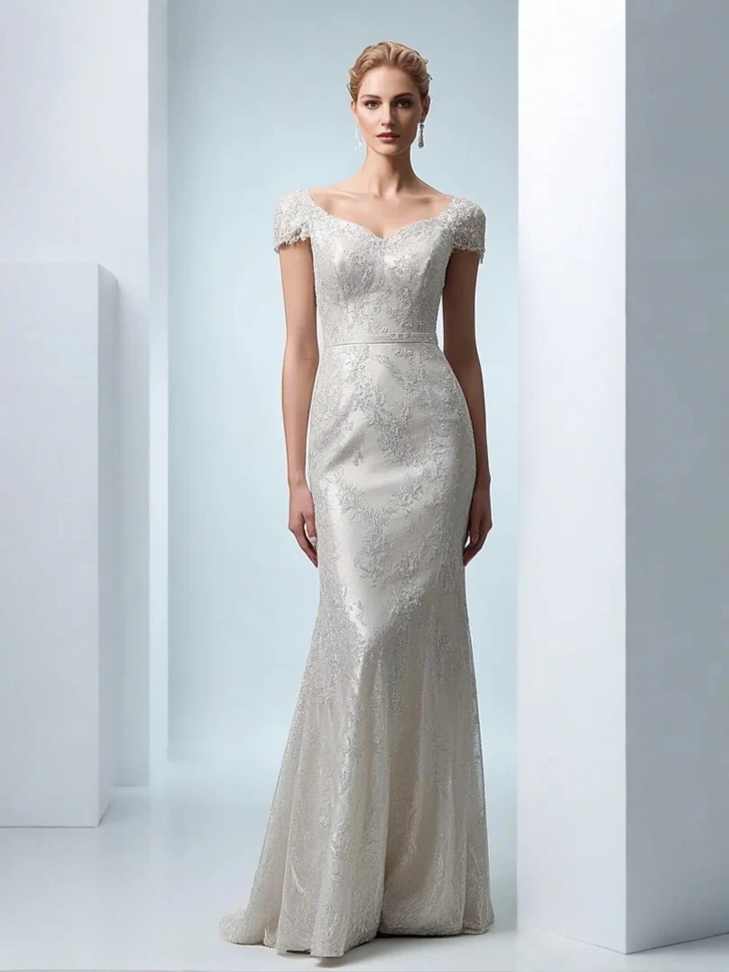 

Sheath/Column Elegant Ivory Floor Length Evening Dress Lace V Neck Appliques Wedding Guest Long Party Dress 2025 free customized
