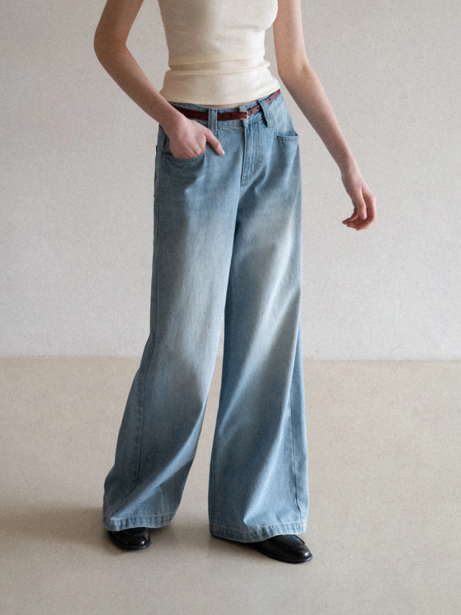 

Classic High Waist Wide Leg Jeans Eggka Straight Cut Washed Blue Must Have Casual Cotton Blend Spring Season Ladies