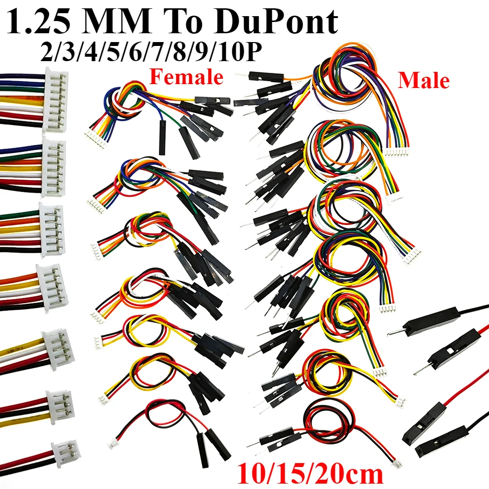 

10PCS MX1.25 Spacing To DuPont Cable 10/15/20cm Male Female 1P2P3P4P6P8P10P Board Connection Wire 1 Drag 4 Sensor Terminal Wire