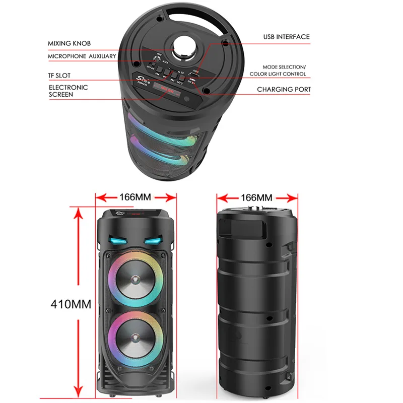 سماعة بلوتوث كبيرة مع ضوء ملون LED ، عمود مكبر الصوت المحمول ، مضخم الصوت اللاسلكي ، HiFi Boombox ، KTV ، ساحة الرقص