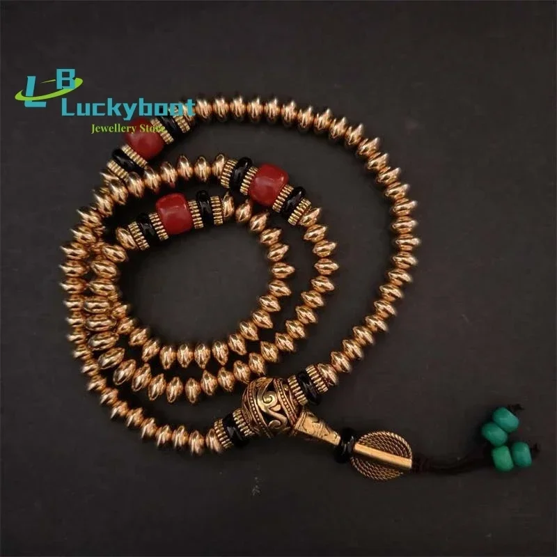 Vintage 108 Beads Mala Pure Brass Strand Bracelet Tibetan Nepal Copper Prayer Bracelets Yoga Balance Mala Fashion Men Jewelry