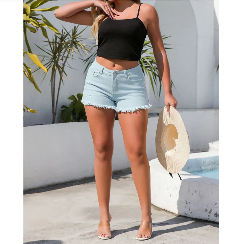 2024 New summer Casual washed retro worn solid color high waisted fringed denim shorts Women hot pants Stretch Leg Length