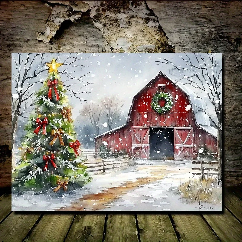 

1PC Framed Rustic Christmas Barn Canvas Painting Seasonal Farmhouse Scene Decorative Trees and Wreaths Home Decoration