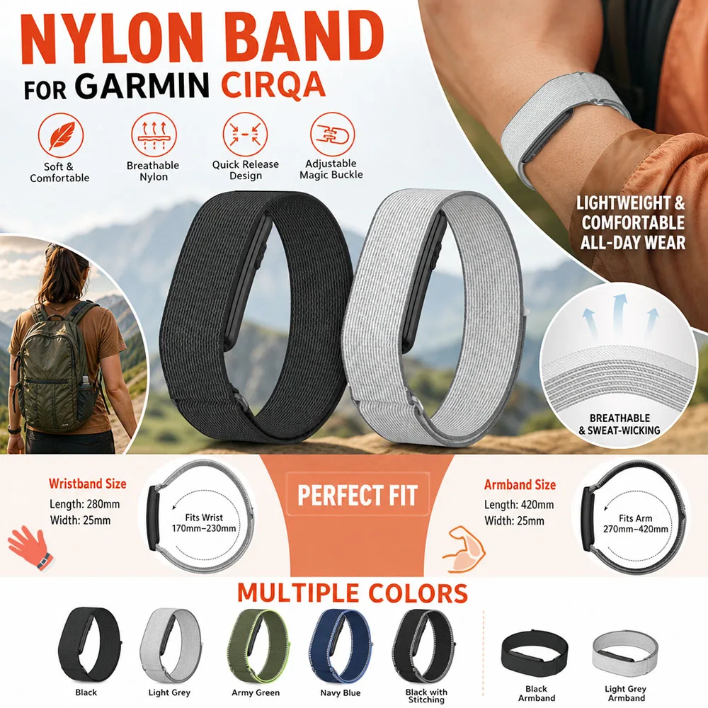Nylon Loop Strap for Garmin CIRQA Smart Band Wristband Soft Lightweight Adjustable Sports Elastic Armband for Garmin Cirqa Band