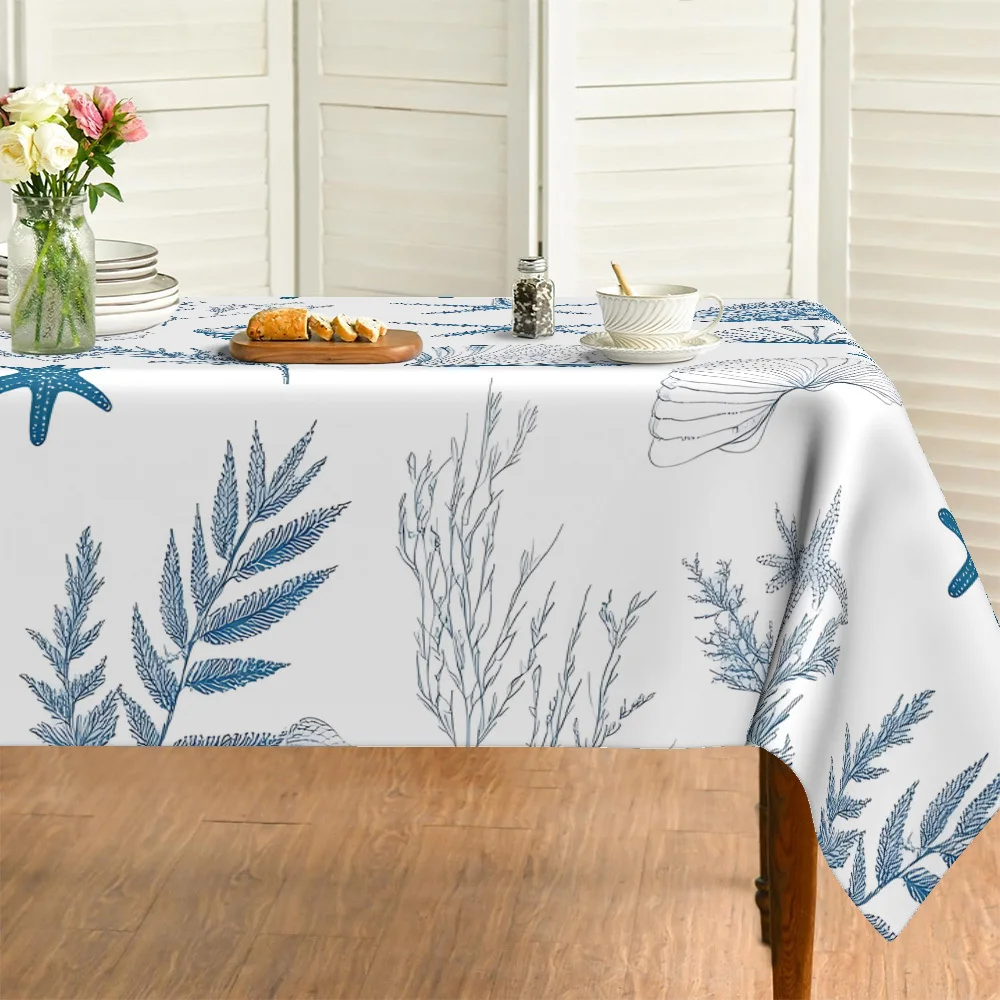 Summer Ocean Rectangle Tablecloth for Table Decor Blue Shells Starfish Seaweed Conch Kitchen Dining Table Cloth Wedding Decor