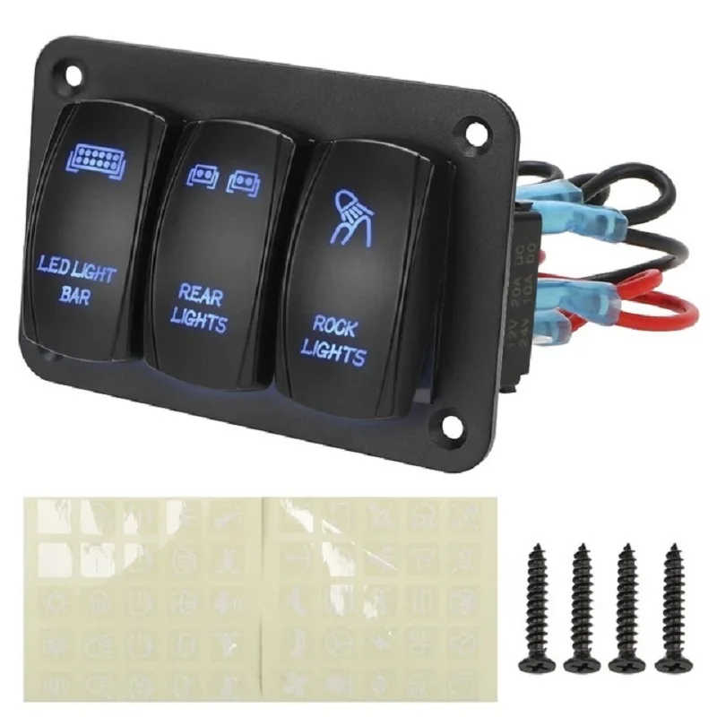 

ISURE MARINE 3 Gang Rocker Switch 12V SPST ON Off Switch, Boat Toggle Switch Panel 12V Blue LED Lighted Waterproof for Boats Car