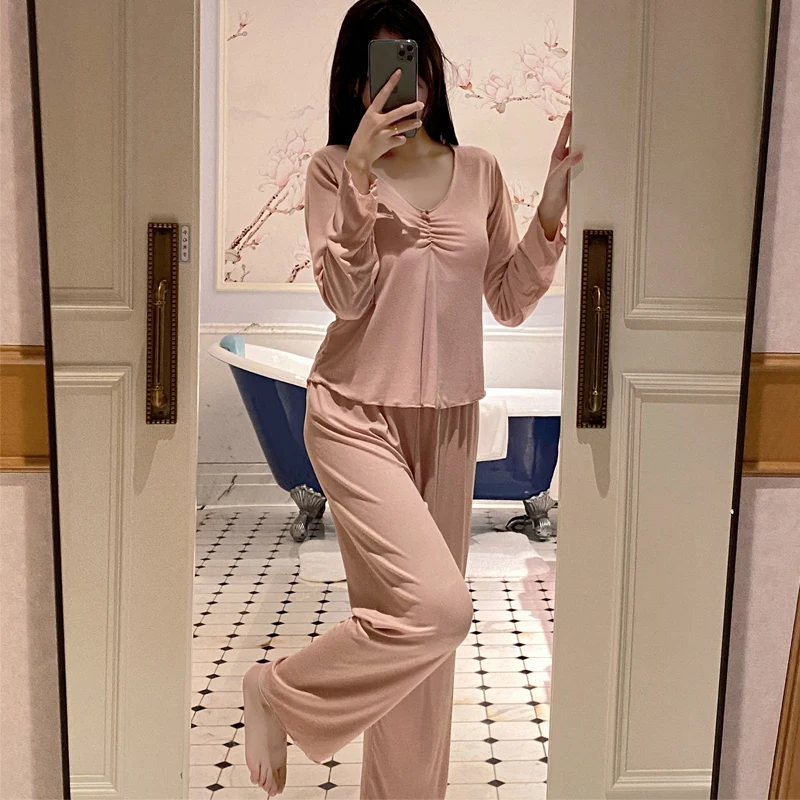 

Pure Cotton Modal Sleepwear Women's Long Sleeve Home Clothes Set Spring Summer New Style Sexy with Chest Pad Pure Desire Wind