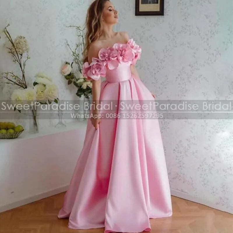 

Pink Satin Long Prom Dresses Handmade Flowers Off Shoulder Pleat A Line Customized Evening Dress Party For Women