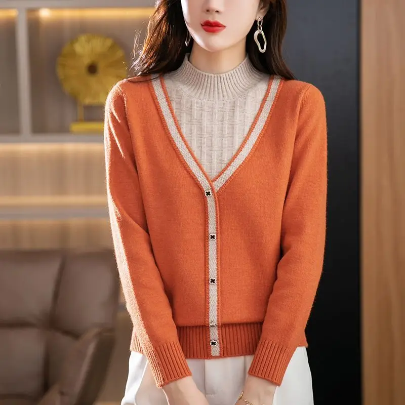 Korean Fashion Fake Two Piece Women Color Block Sweaters Spring Autumn Mock Neck Simple Loose Knitted Long Sleeve Pullovers Top