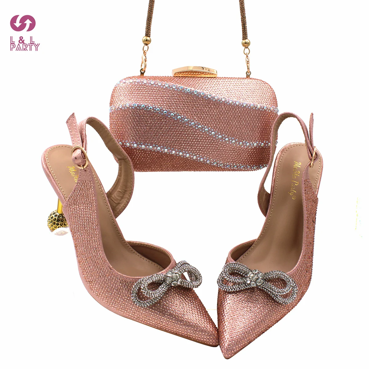 

Nice Women Pointed Toe African Shoes and Bag Set in Peach Color Mature Style Sandals with Crystal for Wedding Party