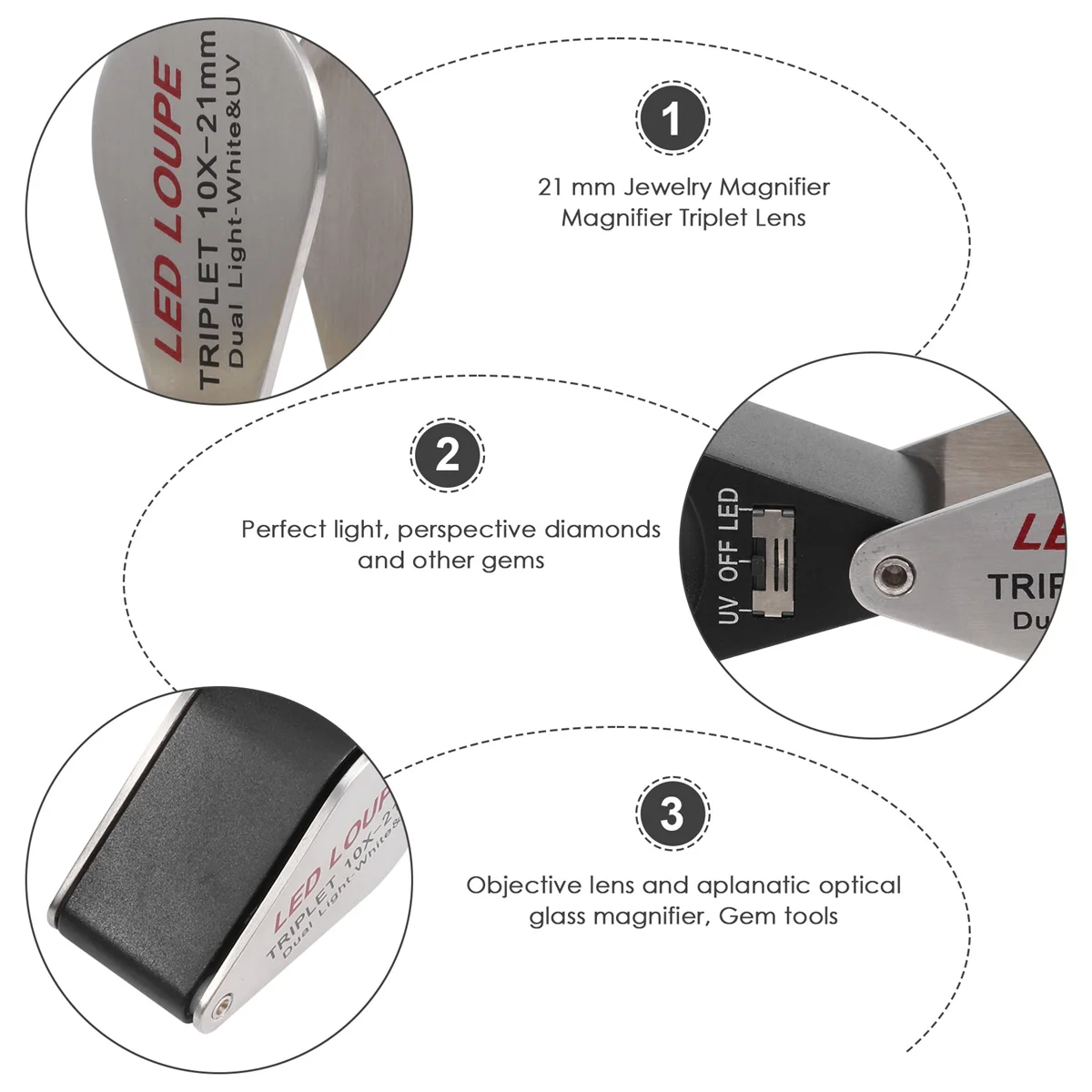 보석상 루페 삼중 렌즈 확대경, 보석, 보석, 동전, 우표, etcT98C 용, 6 LED UV 라이트, 10 배 확대, 21mm