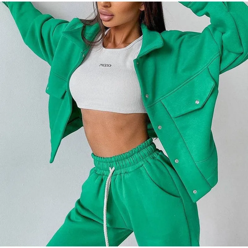 Women Casual Two Piece Sets Autumn Winter Fashion Female Warm Suits Turn-Down Collar Jacket And Drawstring Trouser Tracksuits