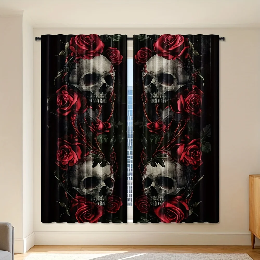 Gothic Skull Rose Curtains Blackout Drapes Macabre Punk Style Window Treatment Alternative Home Decor Filtered Light Blackout
