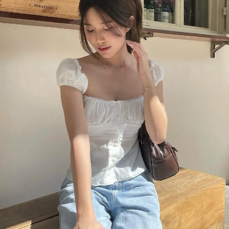 Candyhot Temperament Casual Y2K Backless Crop Tops Summer Square Neck Raglan Sleeve Button Fit Tube Top Vacation Women's Vest image 4