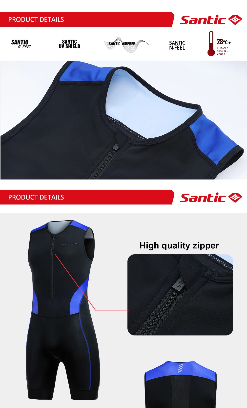 Santic Herren-Triathlon-Radanzüge, ärmellos, mit Schwamm gepolstert, schnell trocknend, zum Laufen, Schwimmen, Triathlon KM25C03028 – Detail 4