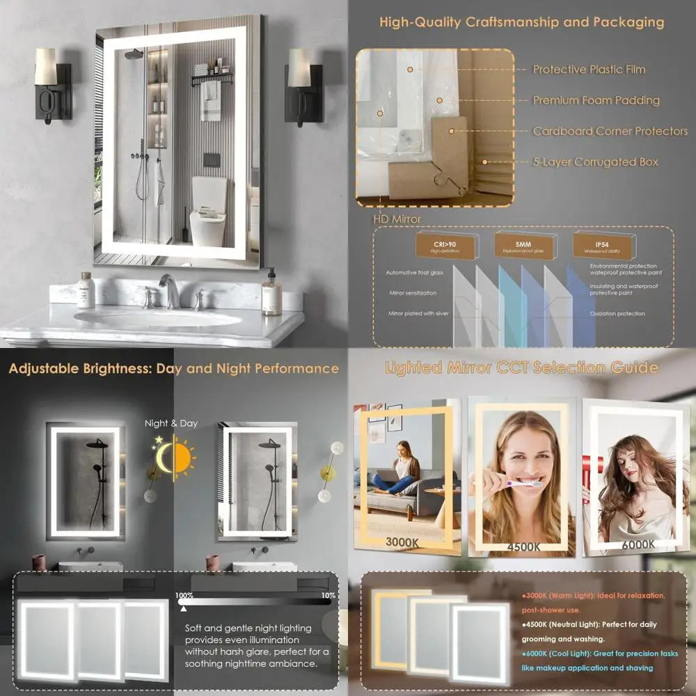 

LED Lighted Wall Mounted Bathroom Vanity Mirror, 16x24 Inches Makeup Mirror with Stepless Lighting for Vanity Area